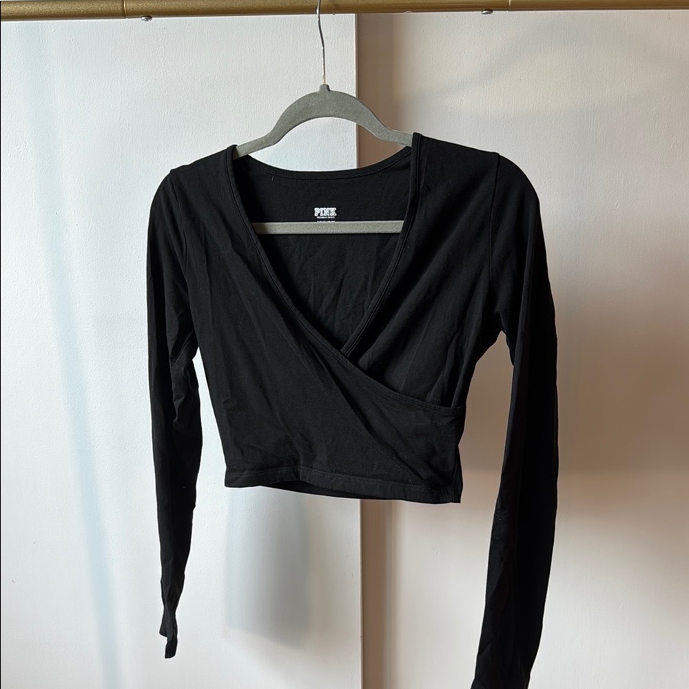 PINK Victoria's Secret Black Long Sleeve Crop Wrap Blouse